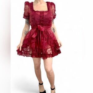 Current Mood Blood Red Sheer Organza Lace Mini Dress Size Large